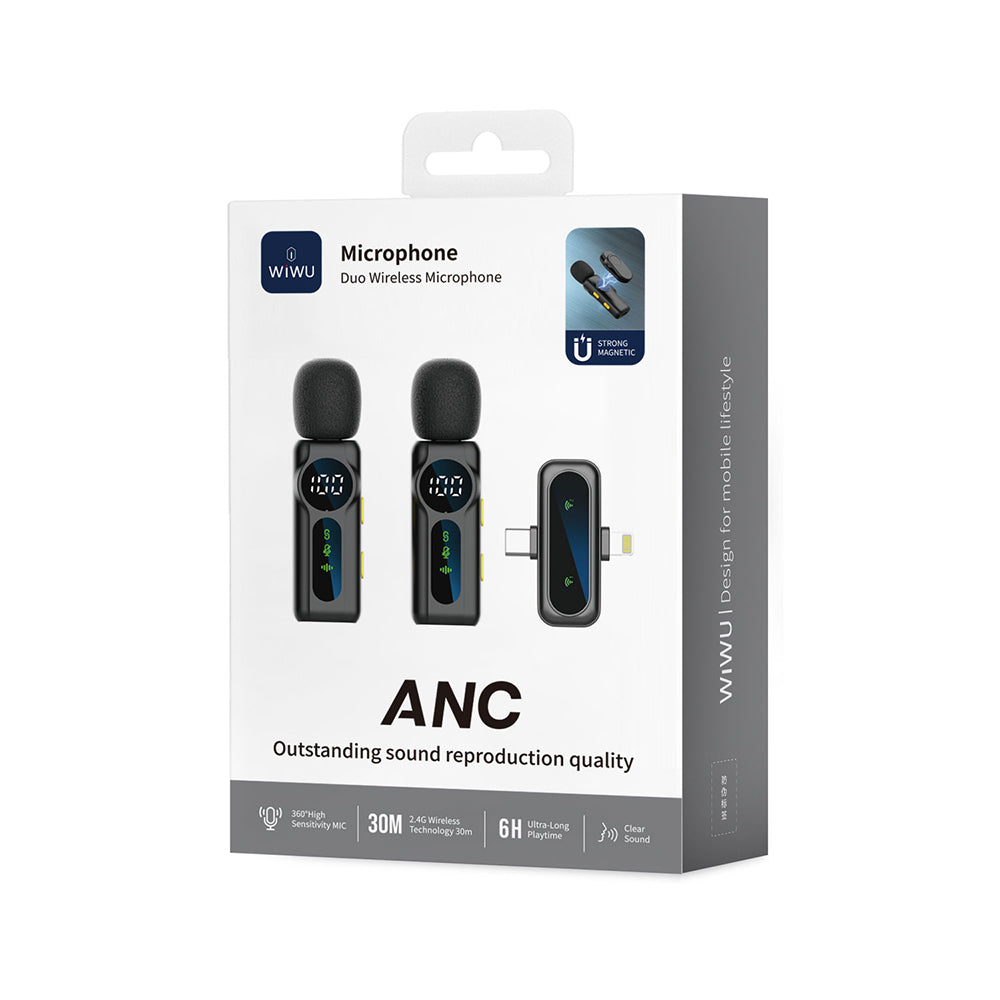 Wiwu Wi-WM007 2in1 Type-C ve Lightning Portlu ANC Özellikli Kablosuz Yaka Mikrofonu Wiwu Wi-WM007 2in1 Type-C ve Lightning Portlu ANC Özellikli Kablosuz Yaka Mikrofonu